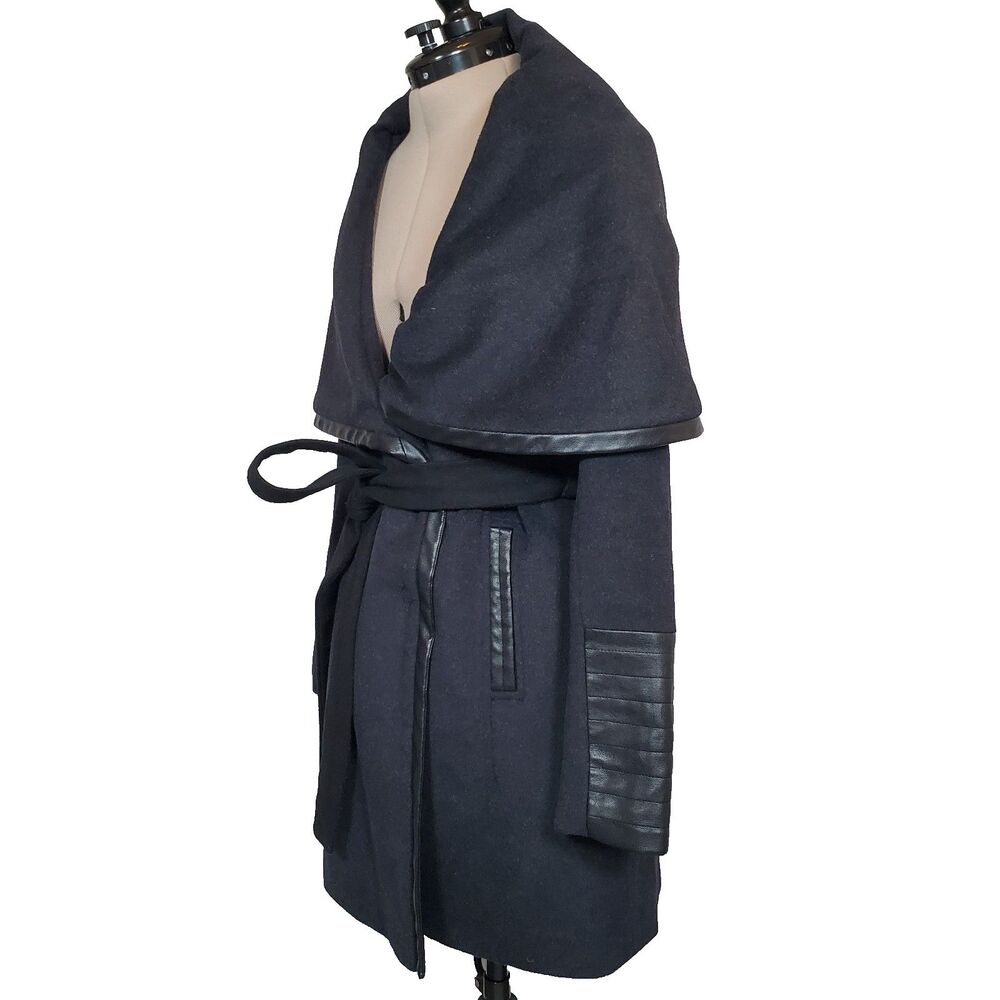 Via Spiga Women's Coat Size 2 Gray Black Wool Blend Faux Leather Pea Coat